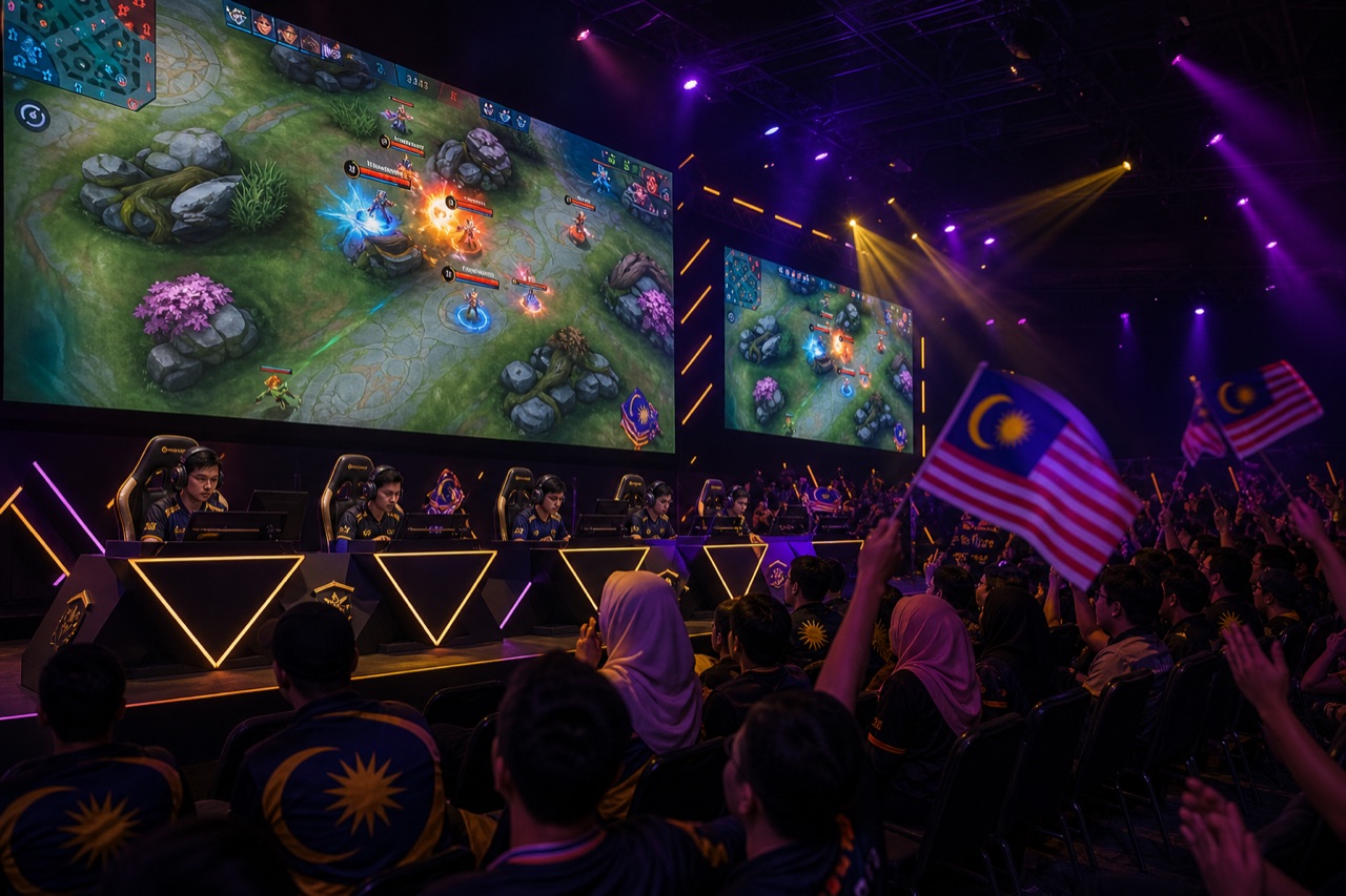 Esports Betting Malaysia: MLBB, Dota 2 & Live Markets 2026 — Esports MLBB betting Malaysia — arena stage and MOBA match on screen