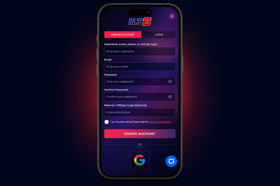 ILT8MY mobile login and create account screen on phone