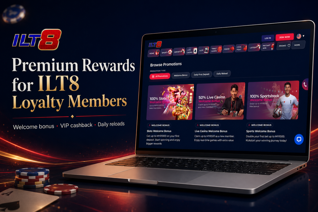 ILT8 promotions hub on laptop: slots, live casino and sportsbook welcome bonuses